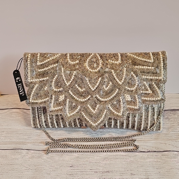 Charming Charlie Handbags - NWT Charming Charlie RSVP Elegant Silver/White/Gray Beaded Clutch Crossbody
